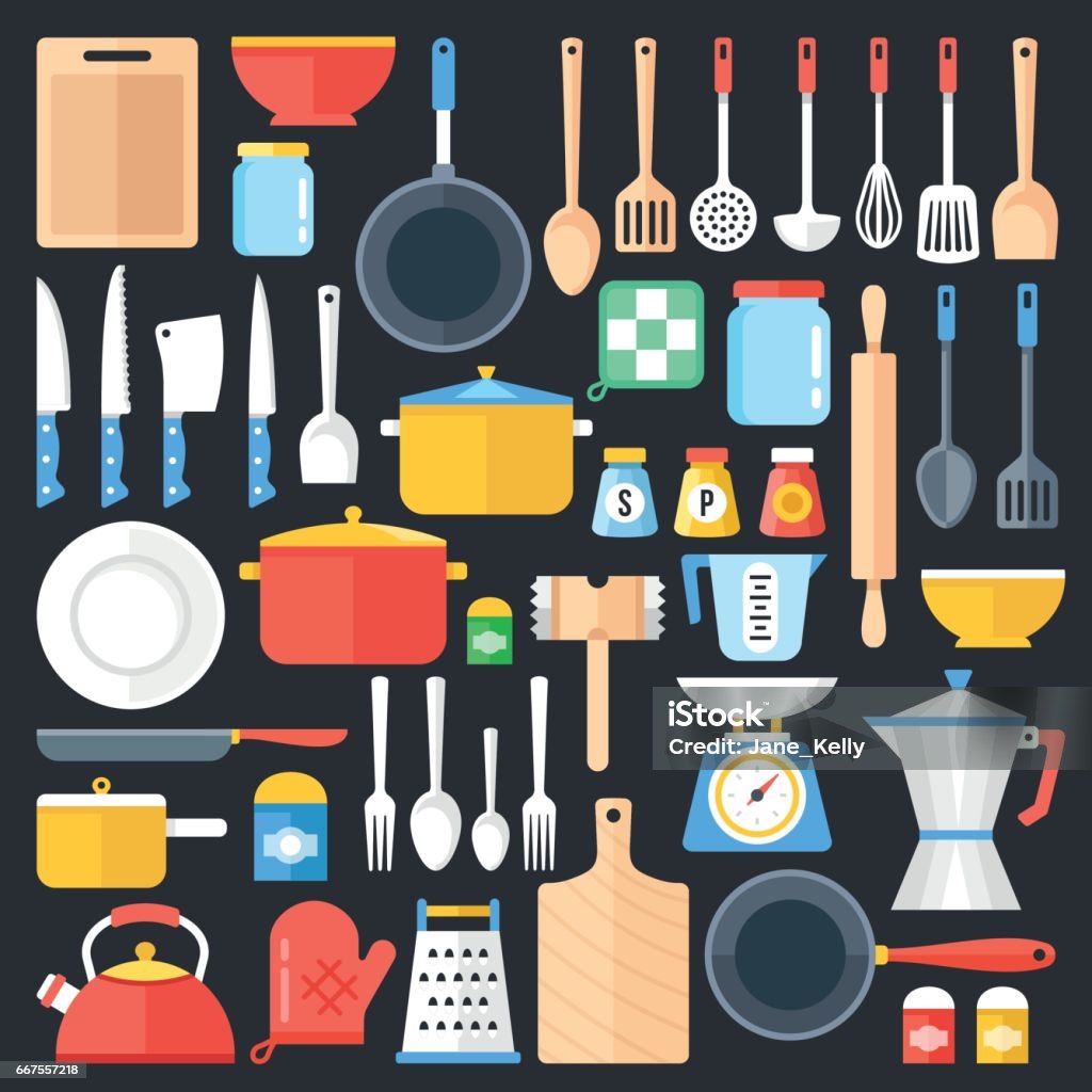 Kitchen utensils set. Kitchenware, cookware, cutlery, kitchen tools collection. Modern flat icons set, graphic elements, objects. Flat design concept. Vector illustration Kitchen utensils set. Kitchenware, cookware, kitchen tools collection. Modern flat icons set, graphic elements, objects for websites, web banner, infographics. Flat design concept. Vector illustration Kitchen Utensil stock vector
