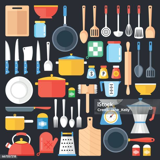 Kitchen Utensils Set Kitchenware Cookware Cutlery Kitchen Tools Collection Modern Flat Icons Set Graphic Elements Objects Flat Design Concept Vector Illustration Stock Illustration - Download Image Now