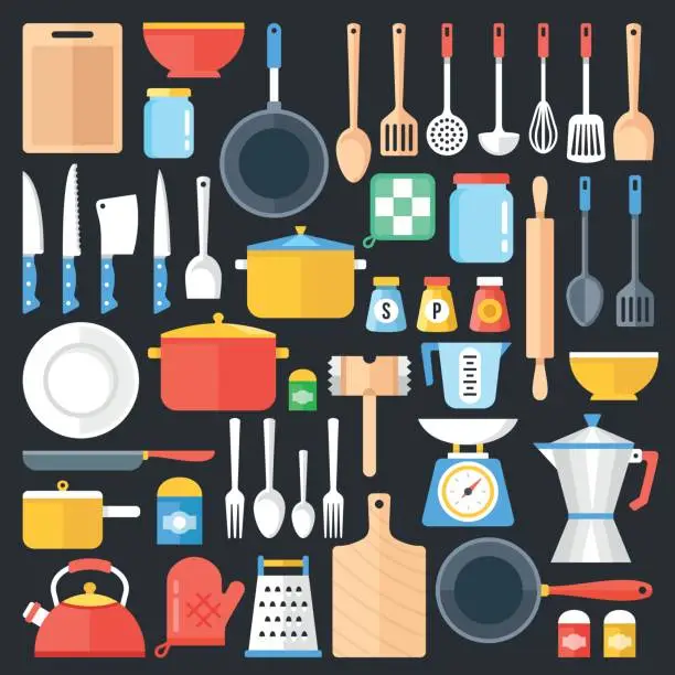 Vector illustration of Kitchen utensils set. Kitchenware, cookware, cutlery, kitchen tools collection. Modern flat icons set, graphic elements, objects. Flat design concept. Vector illustration