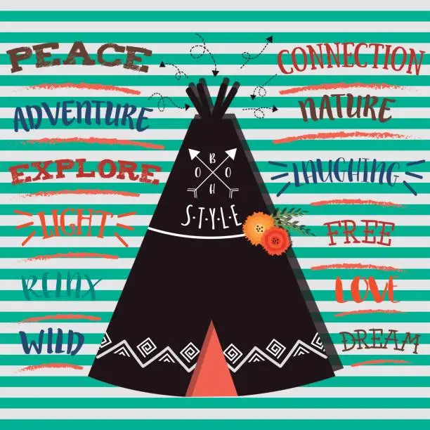 Vector illustration of WIGWAM WITH WORDS THAT DEFINE THE BOHEMIAN STYLE