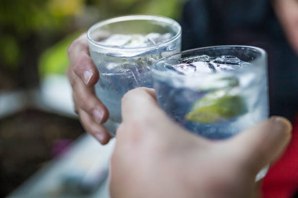 Celebration concept with hand close-up of a couple celebrating the beginning of their vacations with each a gin & tonic. Shot with a 35mm. gin tonic stock pictures, royalty-free photos & images