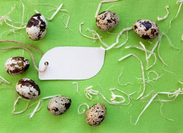 Quail Eggs with Straw Grass and a Greeting card with a free space