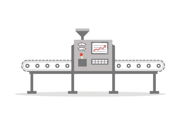 ilustrações, clipart, desenhos animados e ícones de correia transportadora isolada no projeto liso. produção da fábrica-ilustração do vetor. conceito da produção. - correia transportadora