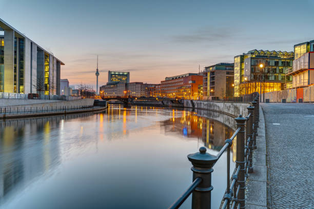 Sunrise at the river Spree in Berlin Sunrise at the river Spree in Berlin with the Television Tower in the back spree river stock pictures, royalty-free photos & images