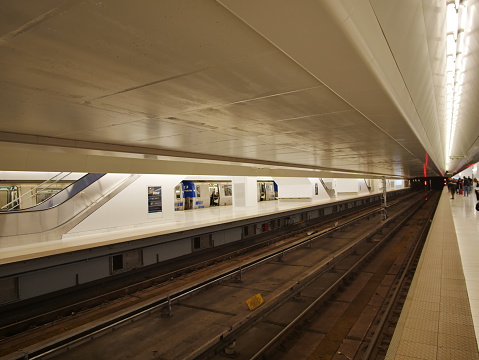 New York City - April 10 2017. Platform of World Trade Center Path ( Port Authorit Trans Hudson ) train station. Located below Oculus, the transportation hub had been rebuilt after 9/11