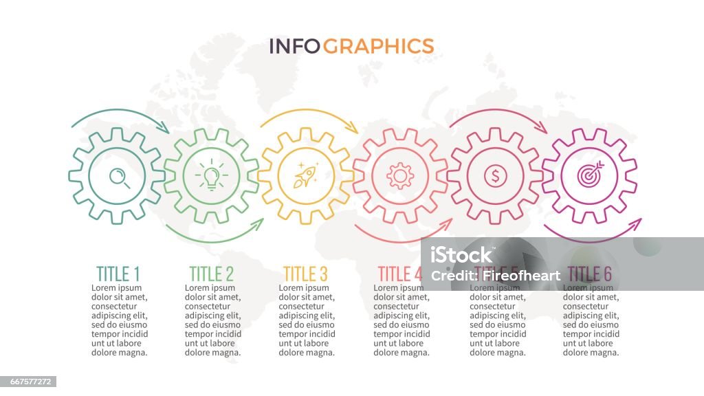 Business infographics. Timeline with 6 gears, cogwheels Gear - Mechanism stock vector