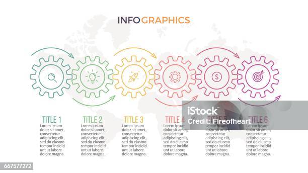 Business Infographics Timeline With 6 Gears Cogwheels Stock Illustration - Download Image Now