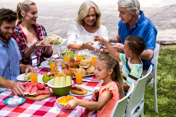 istock Happy family having lunch at lawn 667577478