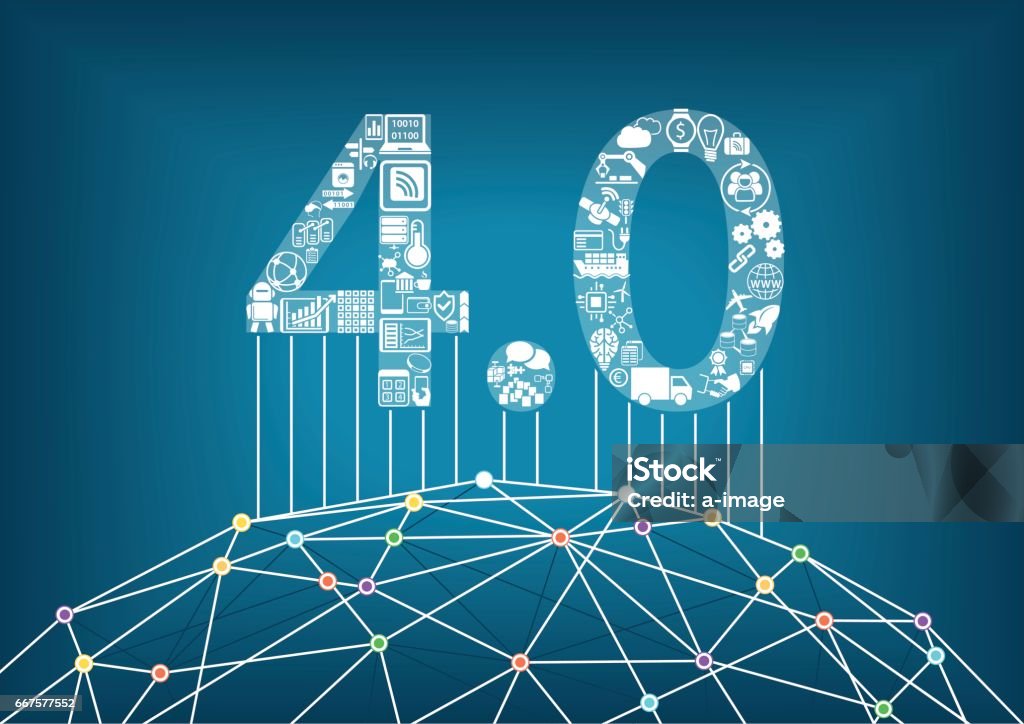 Industry 4.0 and industrial internet of things concept with vector illustration of a connected digital world Computer-Aided Manufacturing stock vector