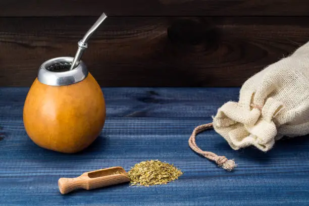 yerba mate with gourd matero and bombilla. image with copy space