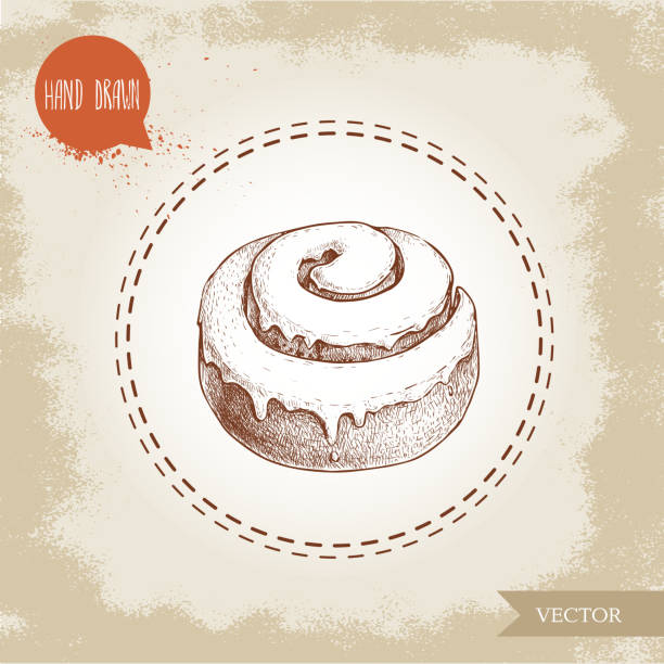 Hand drawn sketch style bakery goods illustration. Fresh iced cinnamon bun. Daily product. Hand drawn sketch style bakery goods illustration. Fresh iced cinnamon bun. Daily product. Fresh-baked breakfast. EPS10 +JPEG preview cinnamon roll stock illustrations