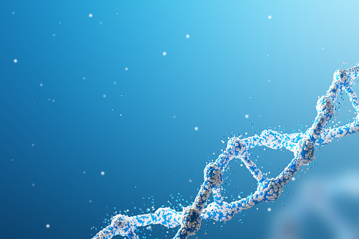 Close up of a blue diagonal DNA chain against dark blue background. Concept of science. 3d rendering. Mock up