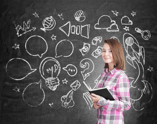 istock Geek girl and thoughts sketch on blackboard 667595492