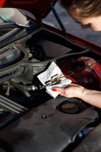 istock Oil level on the car is checked 667596328