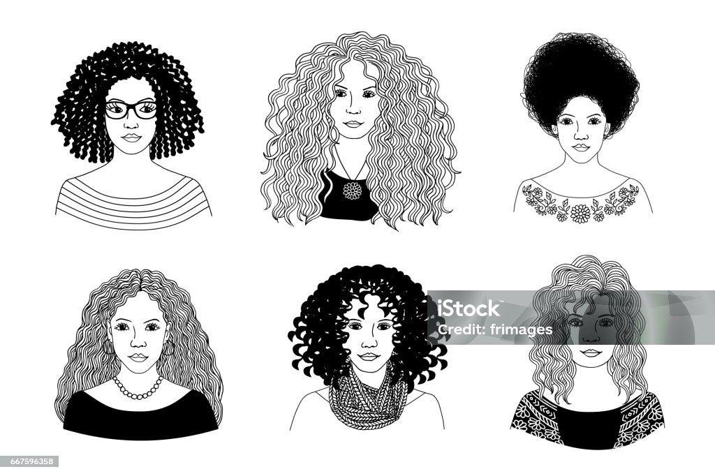 Young women with different types of curly hair Hand drawn black and white illustration of six young women with different types of curly hair Curly Hair stock vector