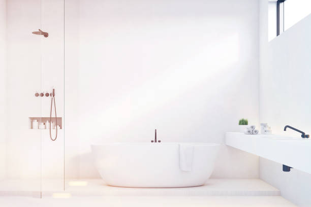 istock Luxury bathroom with white walls, toned 667598894