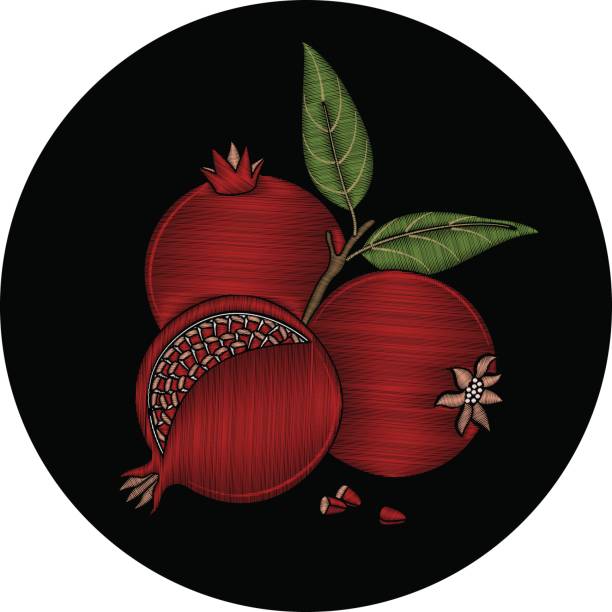 ilustrações de stock, clip art, desenhos animados e ícones de embroidered fruits and leaves of pomegranate on a black background. embroidery for fabrics, patches and garments. vector - needle thread sewing red