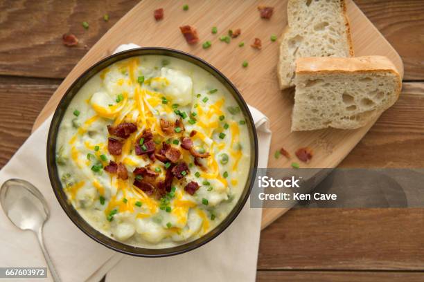 Potato Soup Place Setting Stock Photo - Download Image Now - Potato Soup, Soup, Cheese