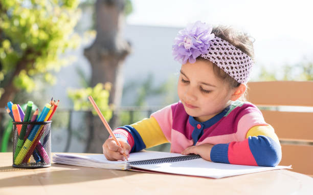 istock Little Girl Drawing Picture Outdoors In Spring 667606510