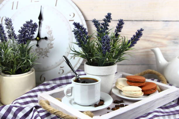 breakfast with a cup of coffee, pasta biscuits and lavender