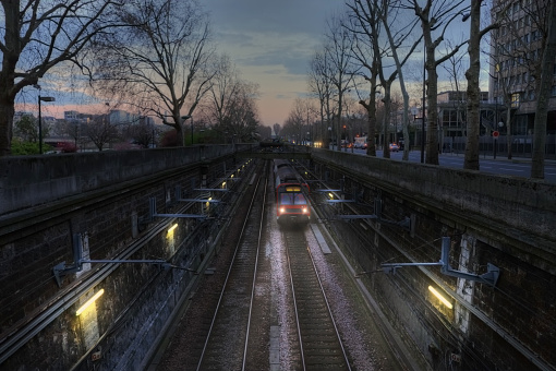 Subway train goes through a tunnel on the quai Saint-Bernard. Paris. France