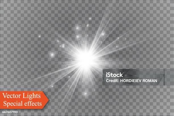 Vetores de Estrela Em Um Fundo Transparente Efeito De Luz Ilustração Do Vetor Estourei Com Brilhos e mais imagens de Explodir