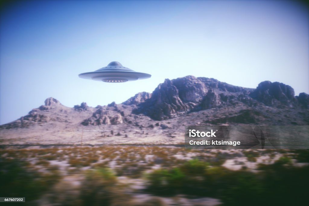 Alien Spaceship On Earth 3D illustration with photography. Alien spaceship flying with panning effect. UFO Stock Photo