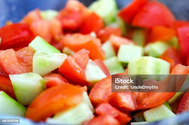 Sliced Cucumbers And Tomatoes Close Up Stock Photo - Download Image Now - Bright, Close-up, Cucumber