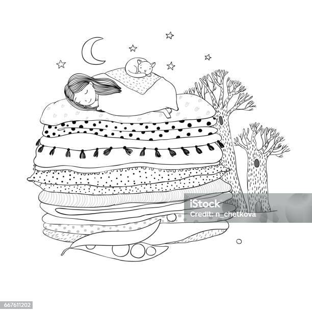 Princess On The Pea Stock Illustration - Download Image Now - Princess, Fairy Tale, Bed - Furniture