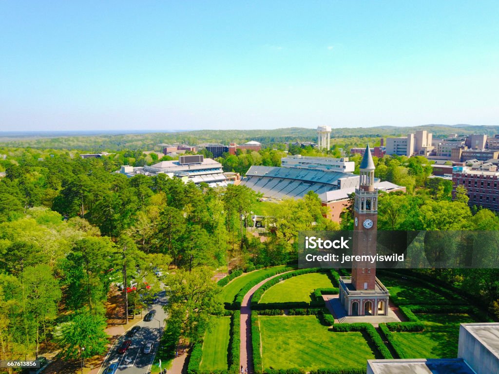 Aerial shot of UNC Campus Aerial shot at UNC of the campus bell tower and football stadium. Chapel Hill Stock Photo