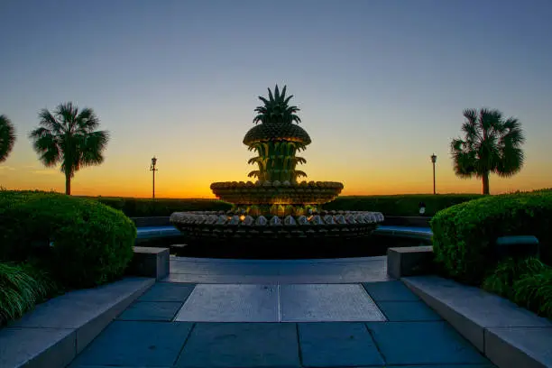 The beautiful Waterfront Park in downtown Charleston, South Carolina in the early morning as the sun is rising.