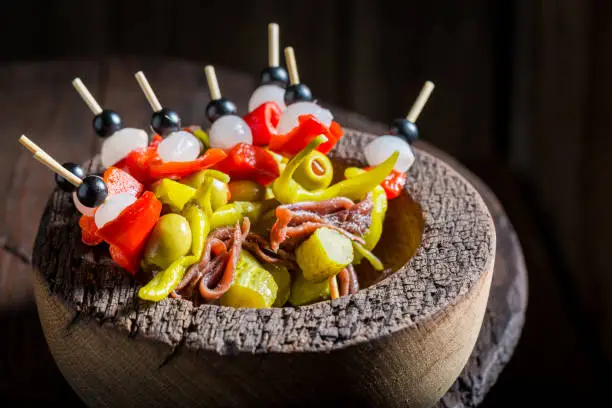 Homemade banderillas with peppers, olives and anchovies for spanish corrida