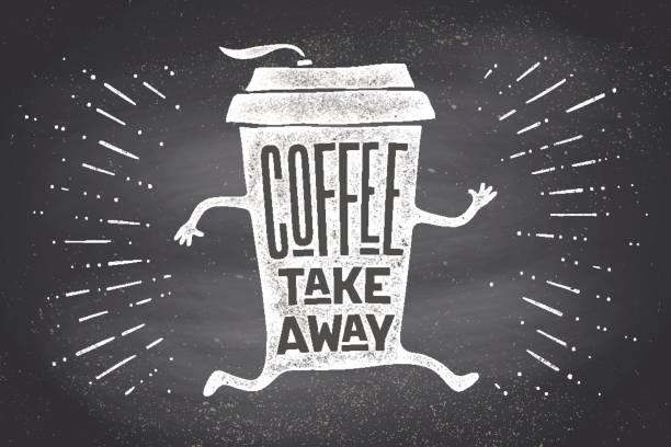 ilustrações de stock, clip art, desenhos animados e ícones de poster take out coffee cup with lettering coffee take away - breakfast cup coffee hot drink