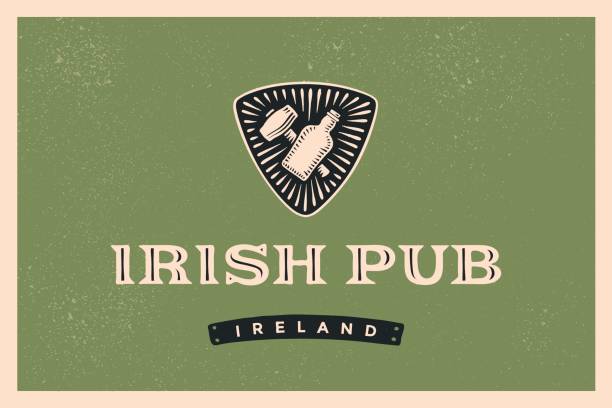 Classic retro styled label for Irish Pub Classic retro styled label for Irish Pub with logo and text irish pub, ireland and hand-drawn bottle whiskey or beer and shamrock of clover, Lofo for beer pub, bar and restaurants. Vector Illustration irish punt note stock illustrations