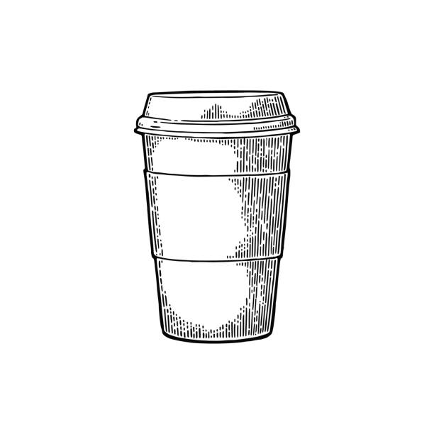 Disposable cup of coffee with cardboard holder and cap. Disposable cup of coffee with cardboard holder and cap. Hand drawn sketch style. Vintage color vector engraving illustration for label, web, flayer. Isolated on white background coffee cup illustrations stock illustrations