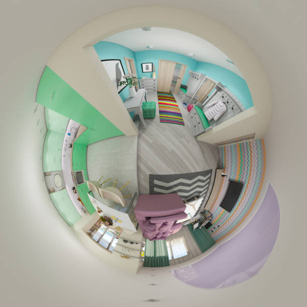 3d render 360 panorama de sala de estar y cocina - small domestic kitchen apartment rental fotografías e imágenes de stock