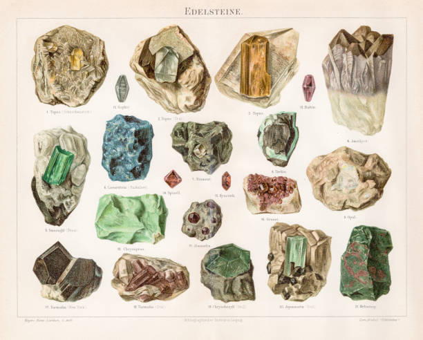 ilustraciones, imágenes clip art, dibujos animados e iconos de stock de cromolitografía de piedras nobles 1895 - mineral