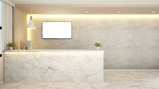 marble counter reception for hotel marble counter reception for hotel - 3d Rendering pics of restaurant ceiling design stock illustrations