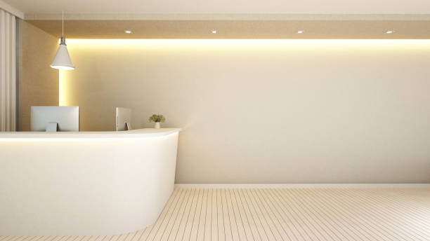 white counter reception for artwork white counter reception for artwork - 3d Rendering pics of restaurant ceiling design stock illustrations