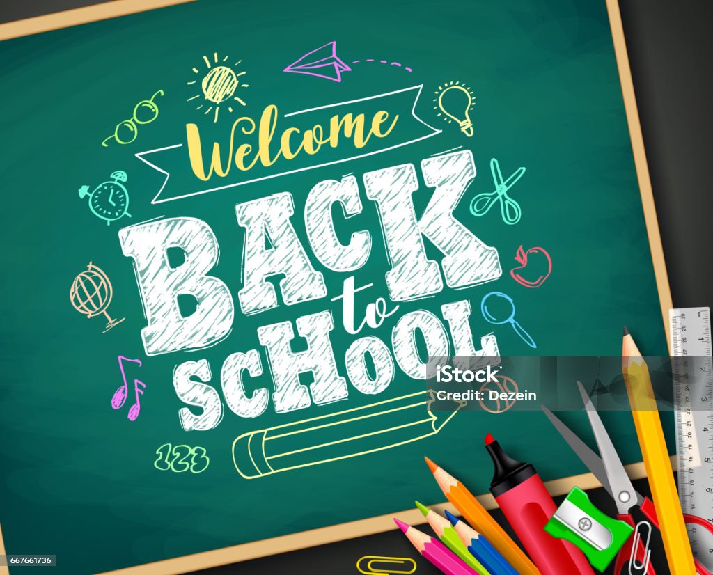 Welcome back to school text drawing by chalk in blackboard Welcome back to school text drawing by colorful chalk in blackboard with school items and elements. Vector illustration banner. Back to School stock vector