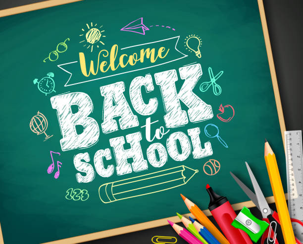 Welcome back to school text drawing by chalk in blackboard Welcome back to school text drawing by colorful chalk in blackboard with school items and elements. Vector illustration banner. back to school stock illustrations