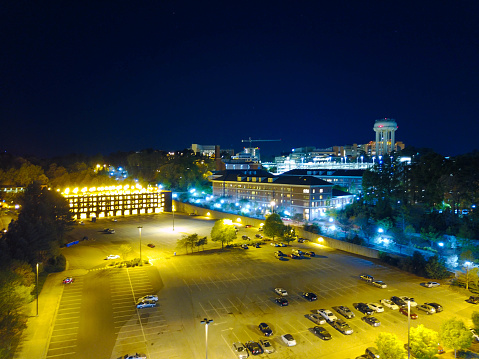 An aerial shot of University of North Carolina - Chapel Hill at night.