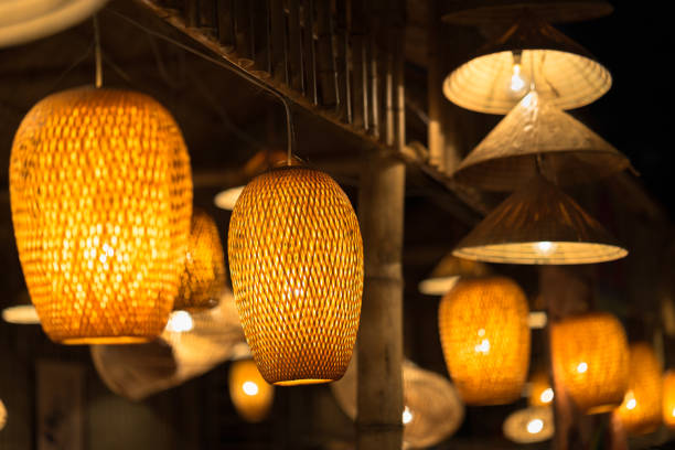 Decorating hanging lantern lamps in wooden wicker made from bamboo