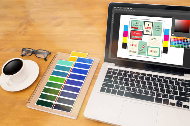 istock Creative Designer Graphic at work. Color swatch samples, Illustrator Graphic designer working digital tablet and computer 667675386