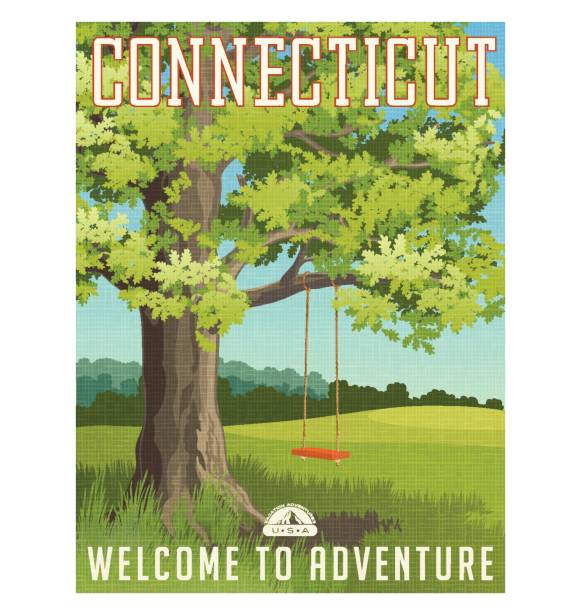 connecticut reisen poster oder aufkleber. vektor-illustration der großen eiche im land mit roten schwingen. - seilschaukel stock-grafiken, -clipart, -cartoons und -symbole