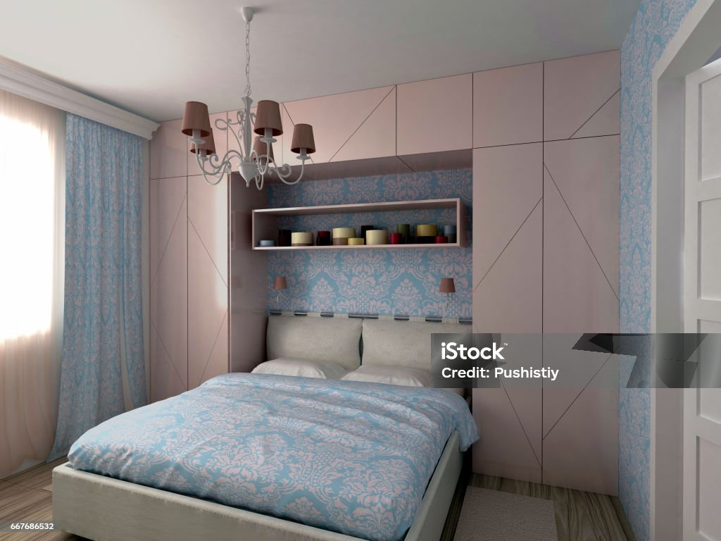 illustration of blue and pink bedroom interior small cozy bedroom interior in blue and pink colors, 3D illustration Domestic Room stock illustration