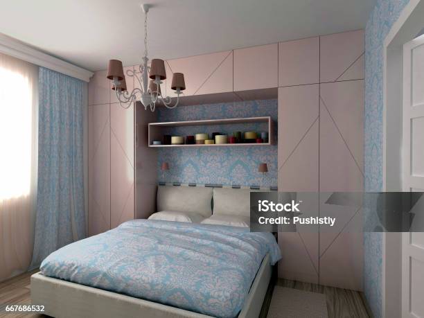 Illustration Of Blue And Pink Bedroom Interior Stock Illustration - Download Image Now - Domestic Room, Pink Color, Victorian Style