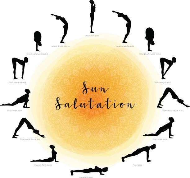 ilustrações de stock, clip art, desenhos animados e ícones de sun salutation. surya namaskara - good posture