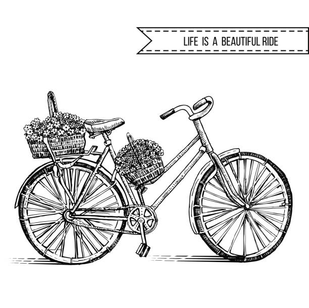 fahrrad handgezeichnete vektorskizze, tintenillustration altes fahrrad mit blumenkorb isoliert auf weißem hintergrund, vintage-dekorativer stil für design-einladung, grußkarte, werbung, mode-print - fahrradkorb stock-grafiken, -clipart, -cartoons und -symbole