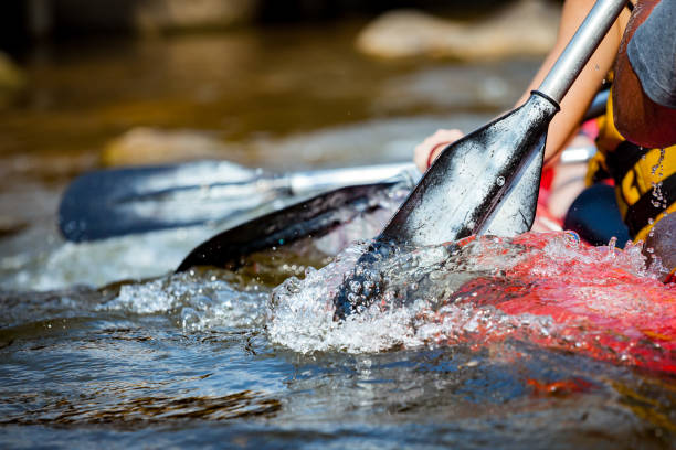 focus una parte del giovane è rafting nel fiume. - kayaking kayak river sport foto e immagini stock